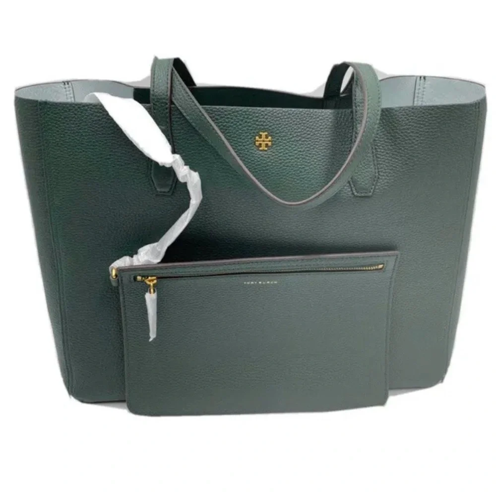 NWT TORY BURCH BLAKE TOTE IN JITNEY GREEN LEATHER SHOULDER BAG POUCH - Picture 9 of 9